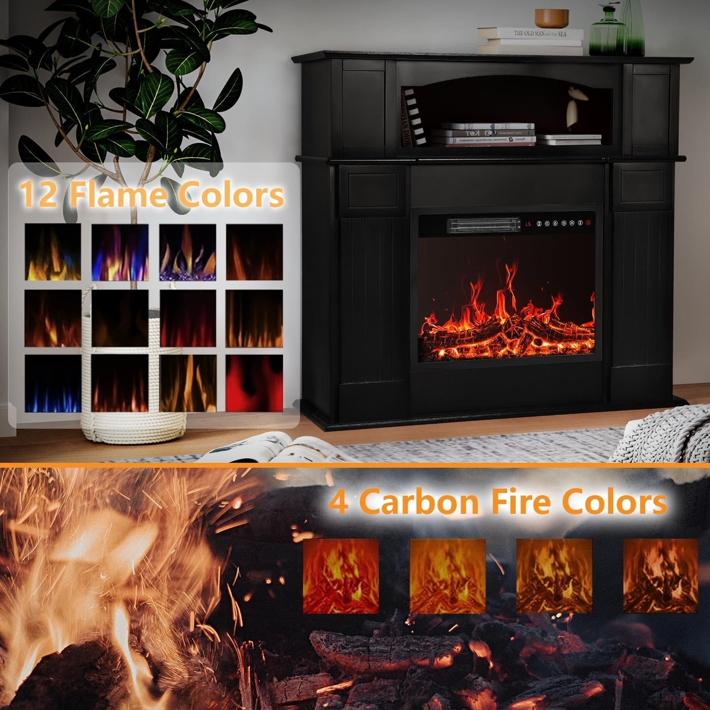 Cheminée électrique BOSSIN 43 avec manteau, insert de cheminée électrique de 58 cm (23 pouces), meuble TV autoportant avec foyer en bois