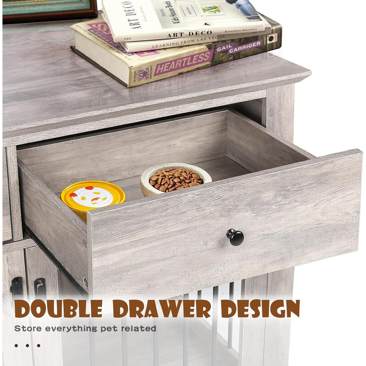 Meuble pour cage de 112 cm (44 pouces) BOSSIN, niche en bois avec table d'appoint et tiroirs de rangement, niche décorative pour animaux de compagnie