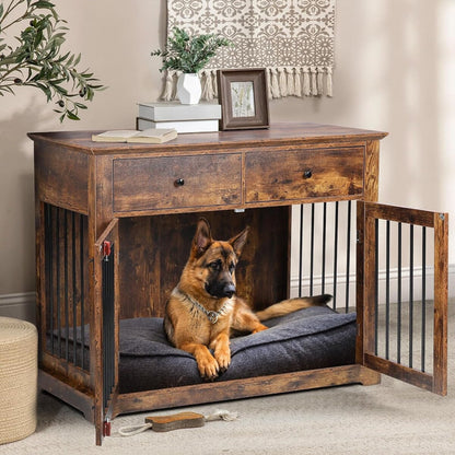 Meuble pour cage de 112 cm (44 pouces) BOSSIN, niche en bois avec table d'appoint et tiroirs de rangement, niche décorative pour animaux de compagnie