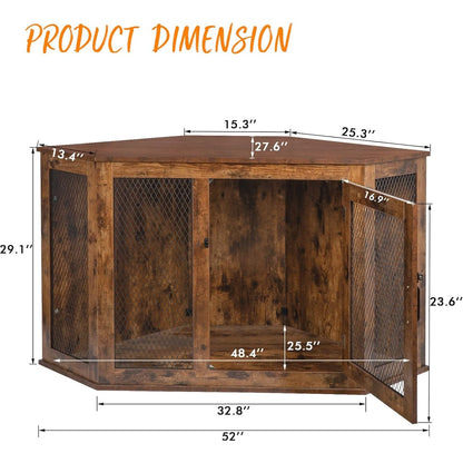 Meuble d'angle pour chien BOSSIN, niche en bois de 44/52 pouces avec filet, niche décorative en bois pour l'intérieur