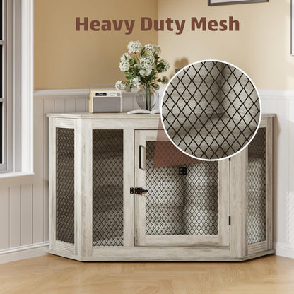 Meuble d'angle pour chien BOSSIN, niche en bois de 44/52 pouces avec filet, niche décorative en bois pour l'intérieur