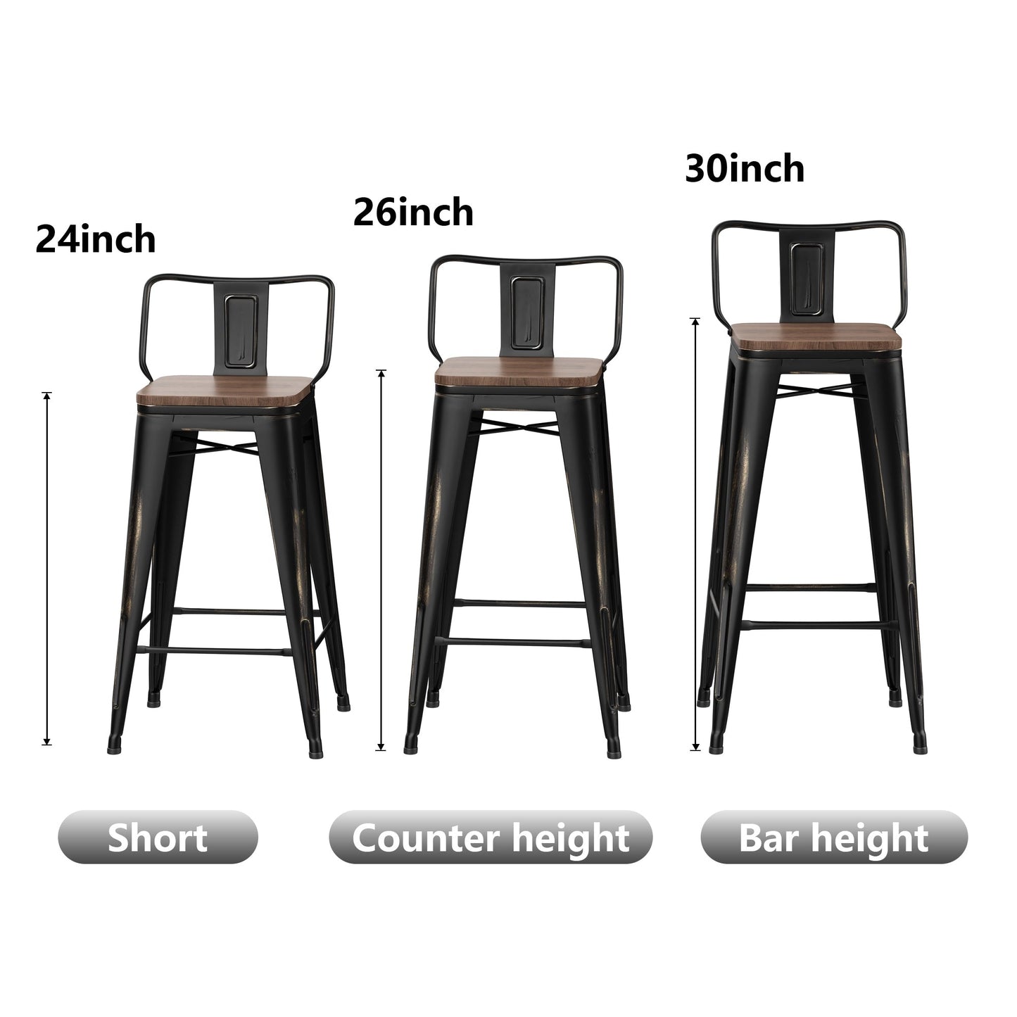 Ensemble de 4 tabourets de bar industriels en métal avec dossier et assise en bois