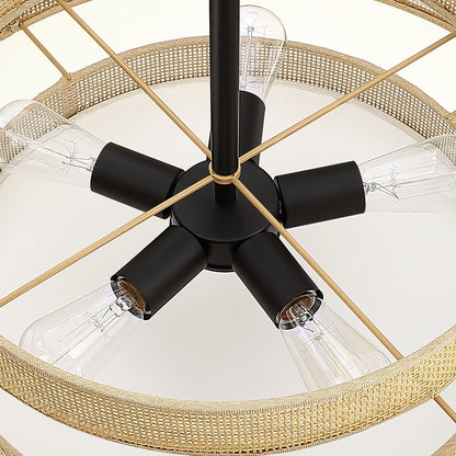 Lustre tambour côtier noir Bayou à 5 lumières avec double abat-jour en rotin - 61 cm (24 po) de large