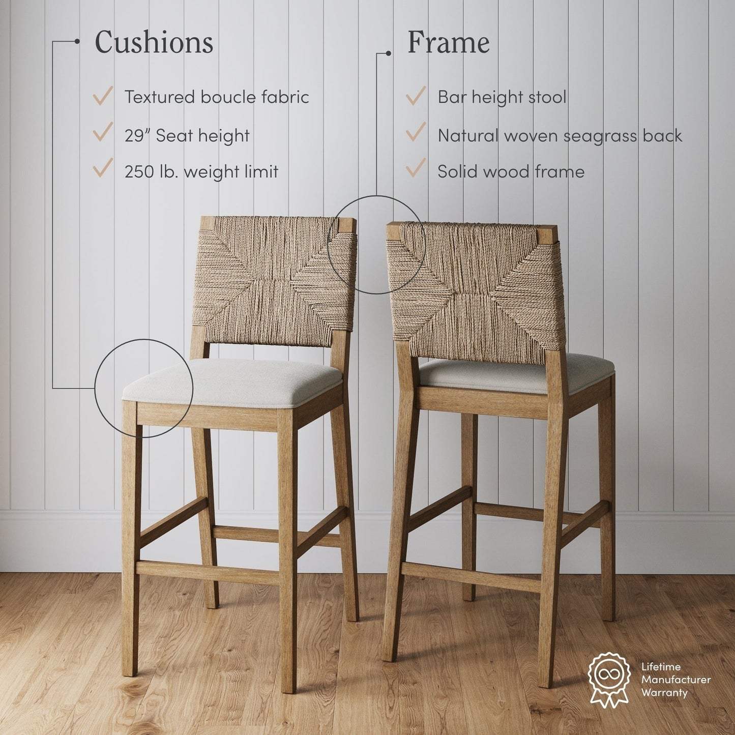 Tabouret de bar bohème Beacon en boucle, chaise de comptoir rembourrée avec structure en bois massif et dossier en jonc de mer tressé