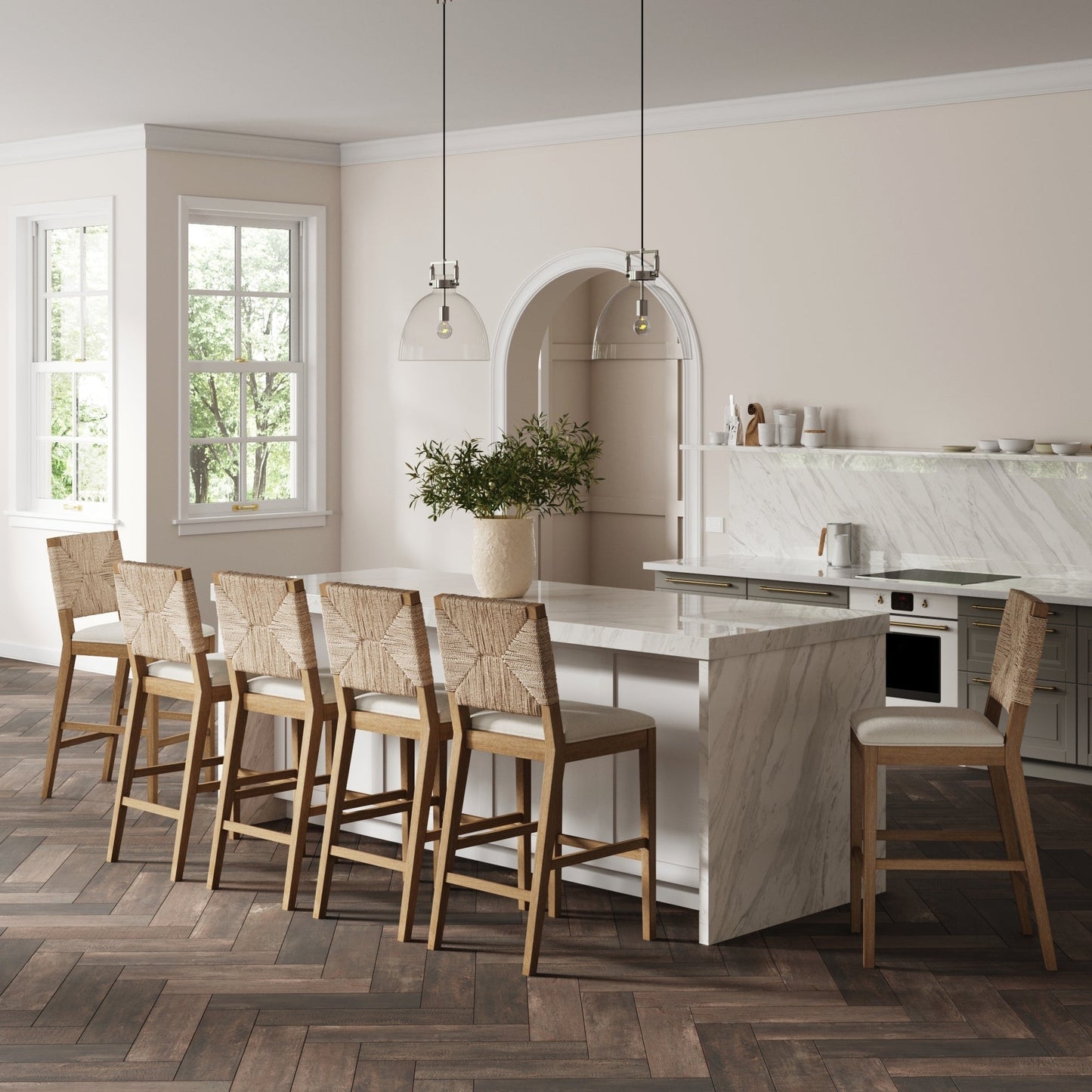 Tabouret de bar bohème Beacon en boucle, chaise de comptoir rembourrée avec structure en bois massif et dossier en jonc de mer tressé