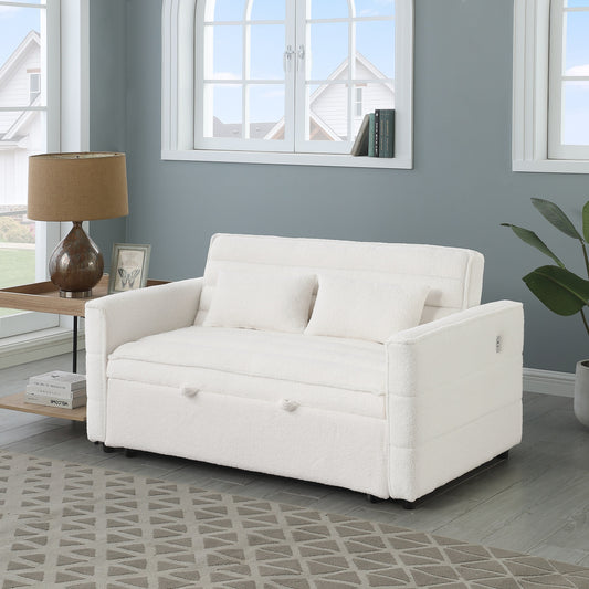 Canapé-lit convertible deux places en tissu bouclé beige 55,12 avec dossier réglable et 2 coussins lombaires pour salon