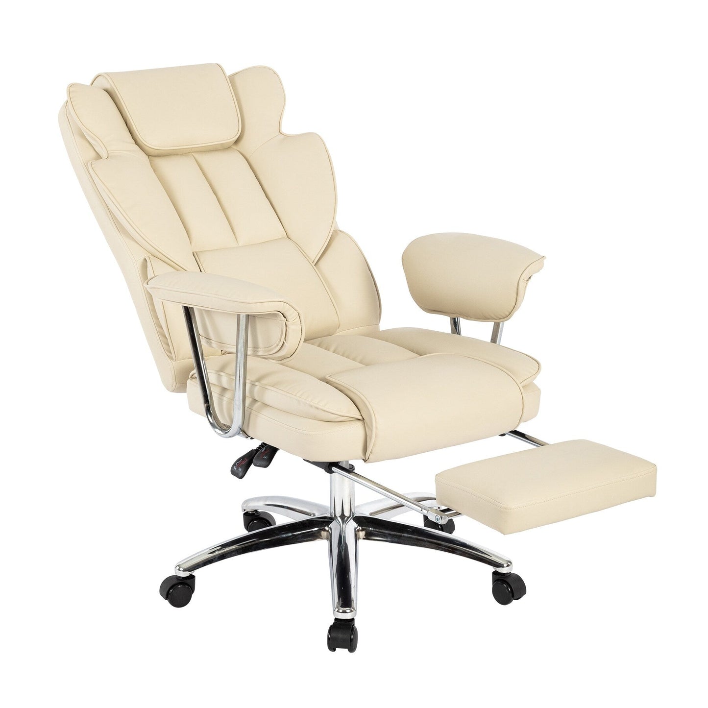 Fauteuil de bureau ergonomique pivotant à 360° en cuir reconstitué beige, dossier haut, dossier haut, soutien lombaire, repose-pieds, hauteur réglable