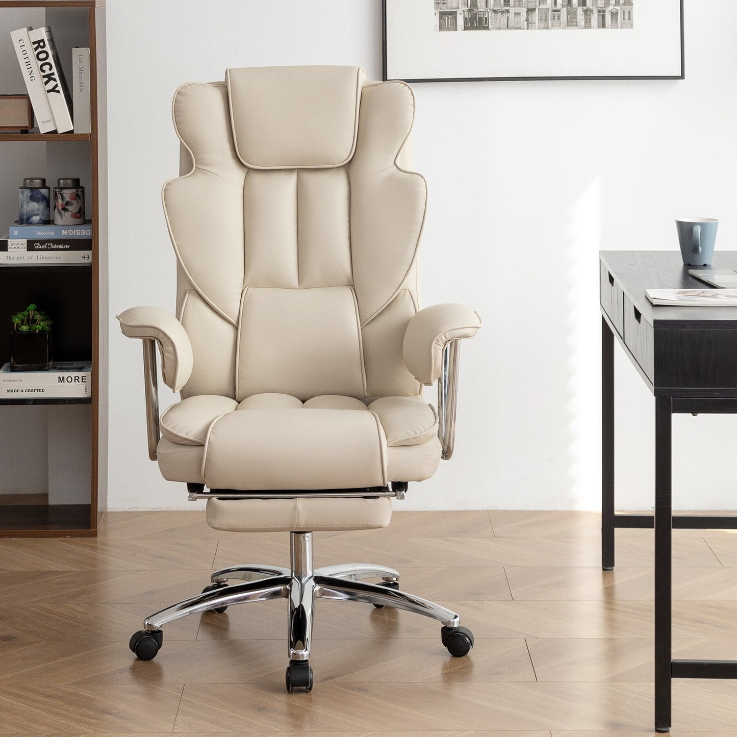 Fauteuil de bureau ergonomique pivotant à 360° en cuir reconstitué beige, dossier haut, dossier haut, soutien lombaire, repose-pieds, hauteur réglable