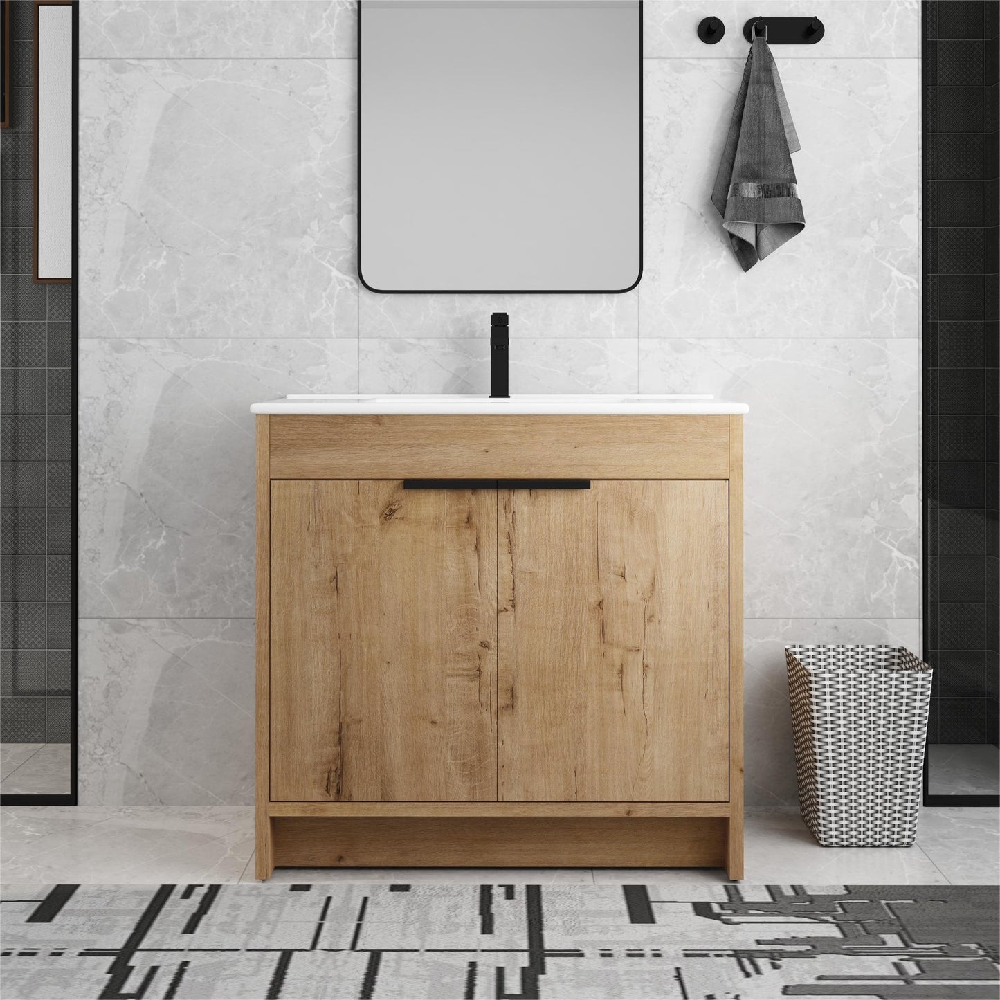 Meuble-lavabo Beingnext 24/30/36 avec vasque, meuble-lavabo autoportant avec porte à fermeture douce et étagère réglable