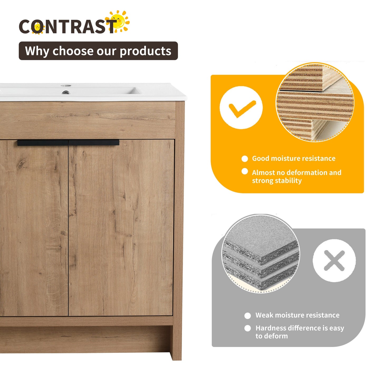 Meuble-lavabo Beingnext 24/30/36 avec vasque, meuble-lavabo autoportant avec porte à fermeture douce et étagère réglable