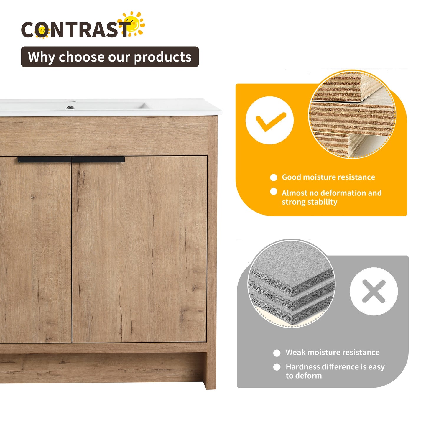 Meuble-lavabo Beingnext 24/30/36 avec vasque, meuble-lavabo autoportant avec porte à fermeture douce et étagère réglable