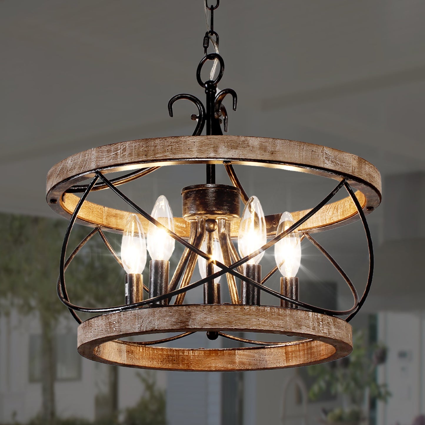 Lustre rustique Bella Depot à 5 lumières en bois avec cage, éclairage à intensité variable, suspension de style ferme réglable de 15,7 pouces pour îlot de cuisine