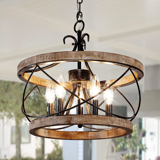 Lustre rustique Bella Depot à 5 lumières en bois avec cage, éclairage à intensité variable, suspension de style ferme réglable de 15,7 pouces pour îlot de cuisine