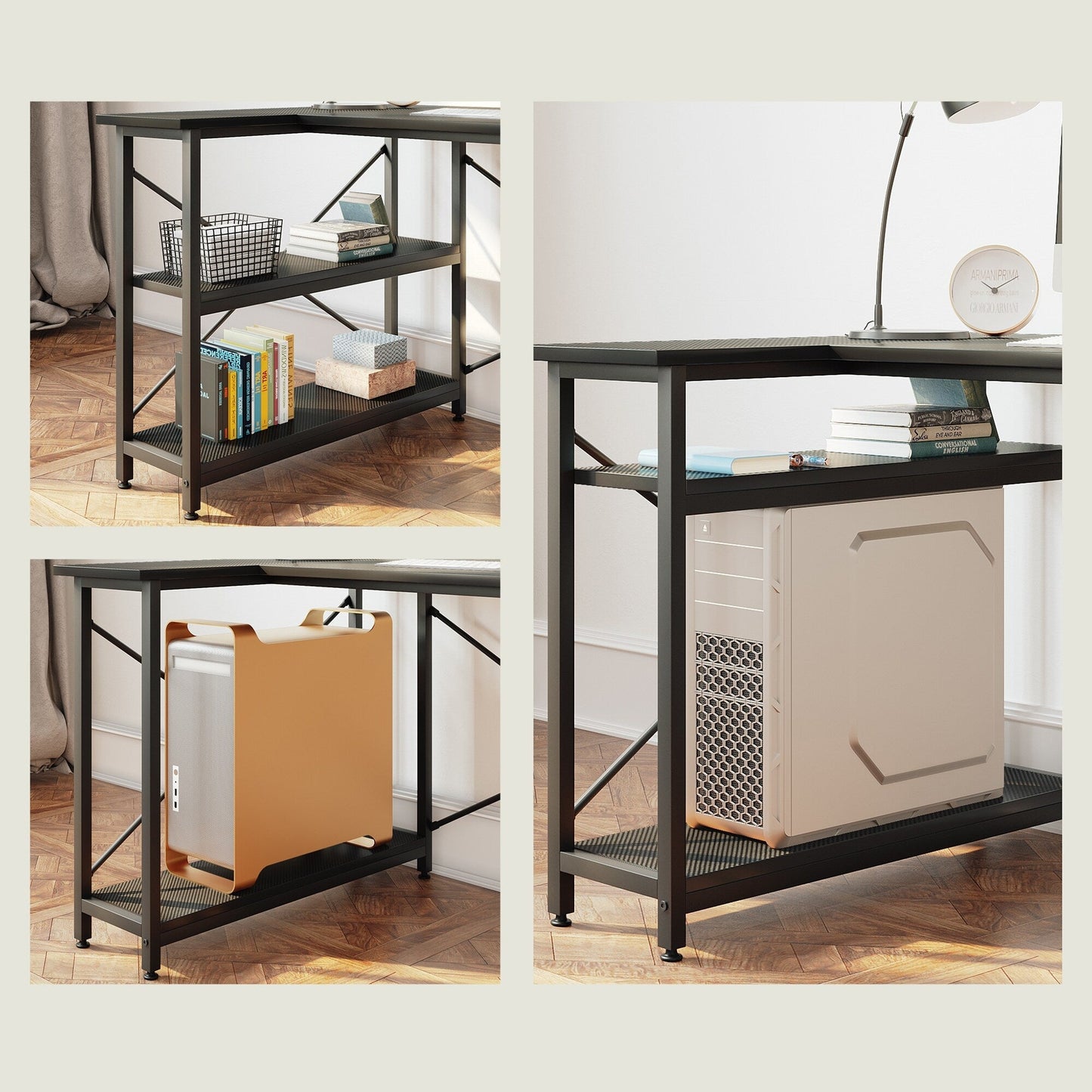 Petit bureau d'angle en forme de L avec étagères de rangement