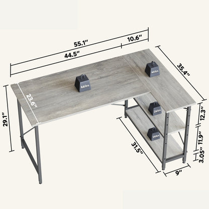 Petit bureau d'angle en forme de L avec étagères de rangement