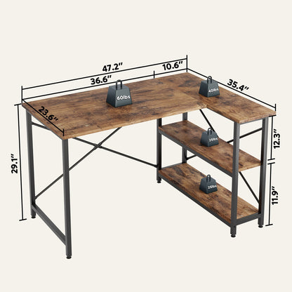 Petit bureau d'angle en forme de L avec étagères de rangement