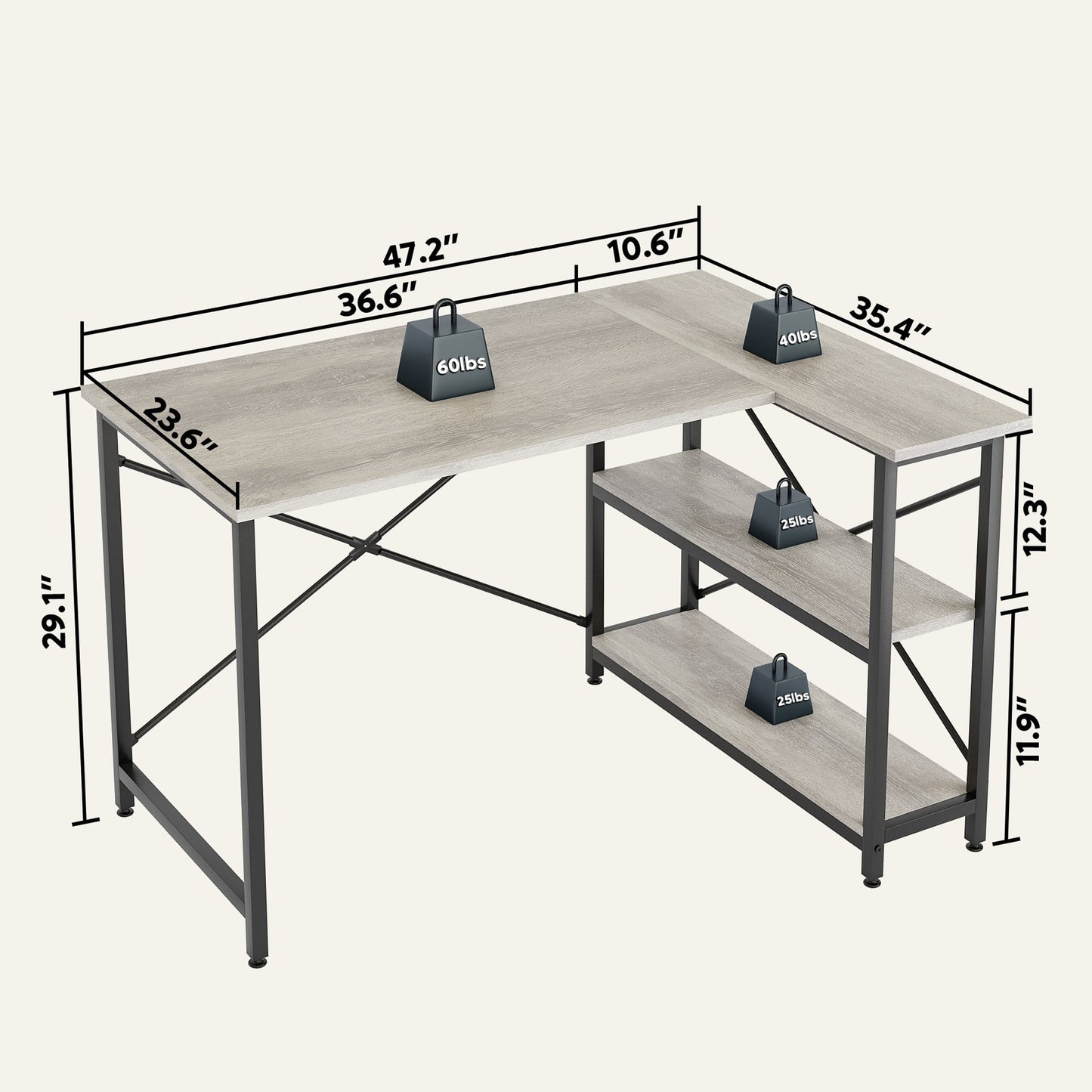 Petit bureau d'angle en forme de L avec étagères de rangement