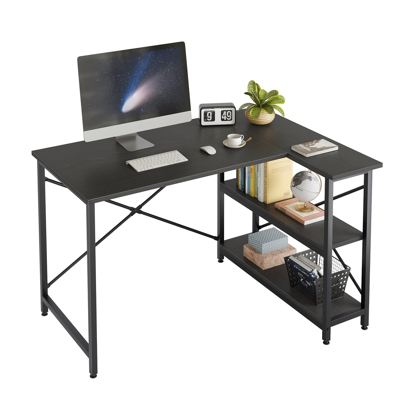 Petit bureau d'angle en forme de L avec étagères de rangement