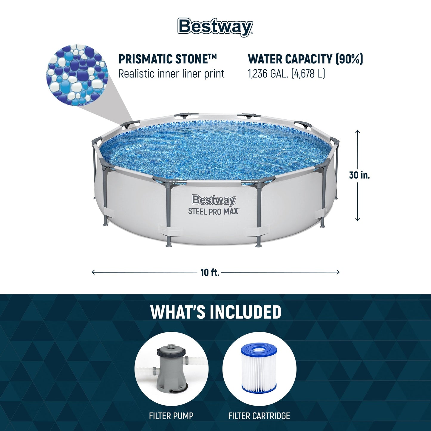 Piscine extérieure ronde hors sol Bestway Steel Pro MAX 10'x30 avec pompe - 10 pi x 30 po.