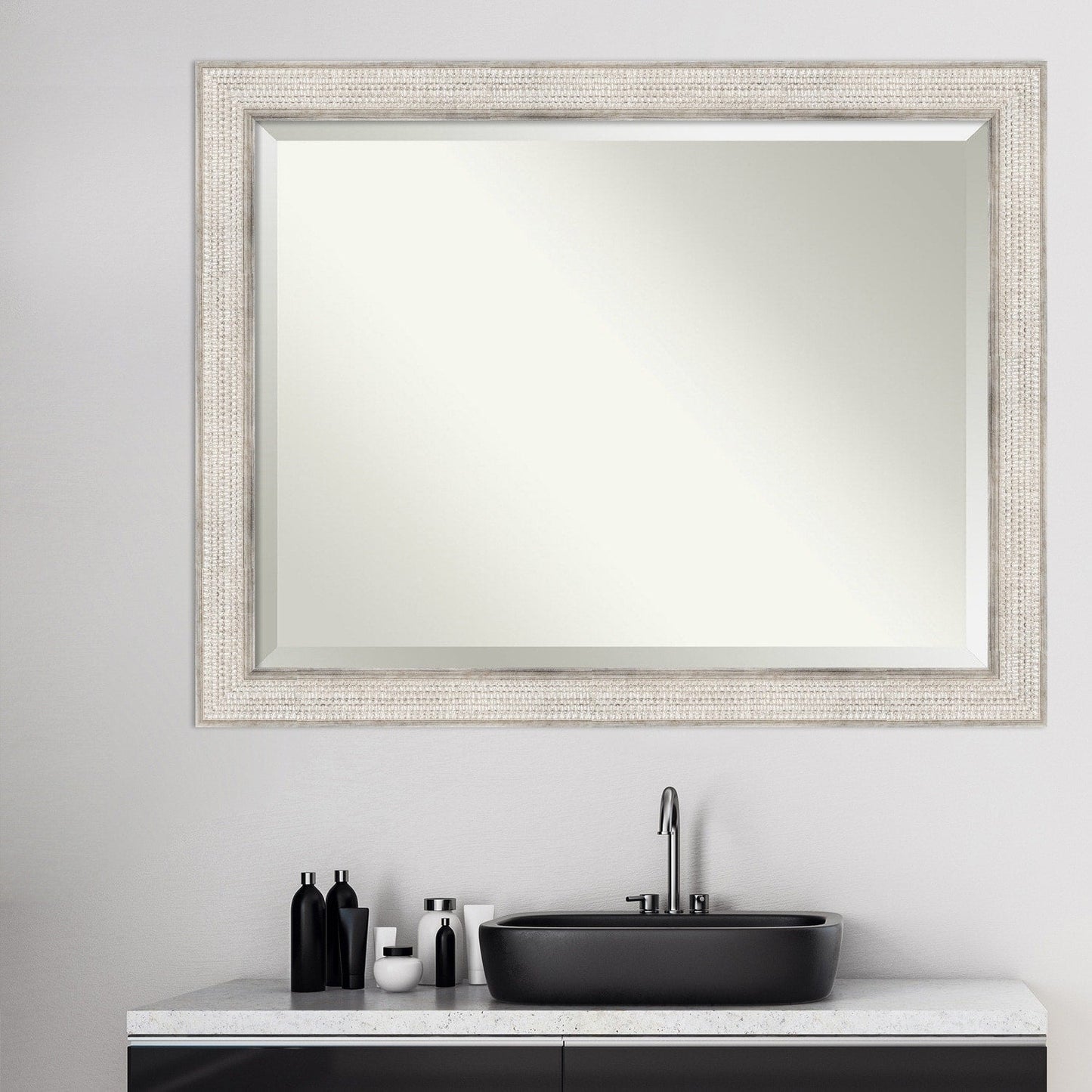 Miroir mural de salle de bain en bois biseauté - Cadre argenté à motif treillis - Argent treillis