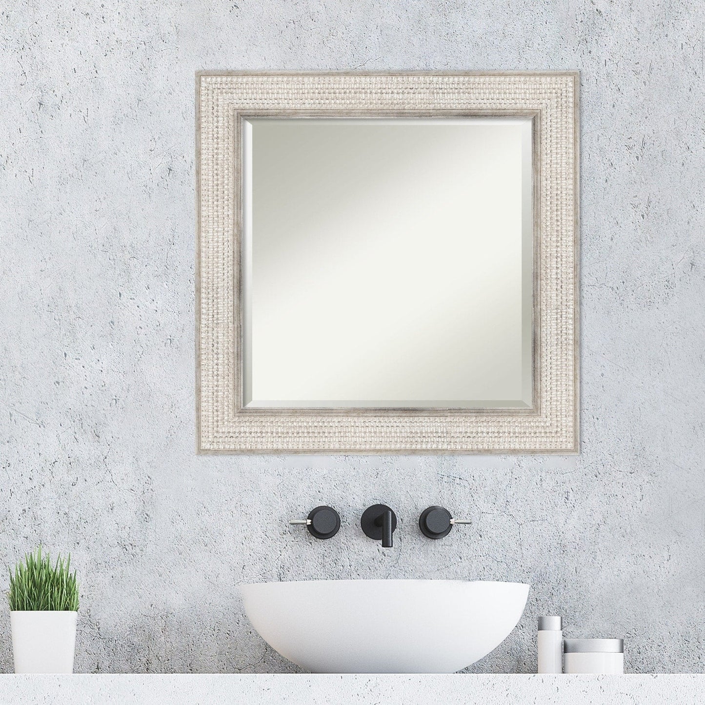 Miroir mural de salle de bain en bois biseauté - Cadre argenté à motif treillis - Argent treillis