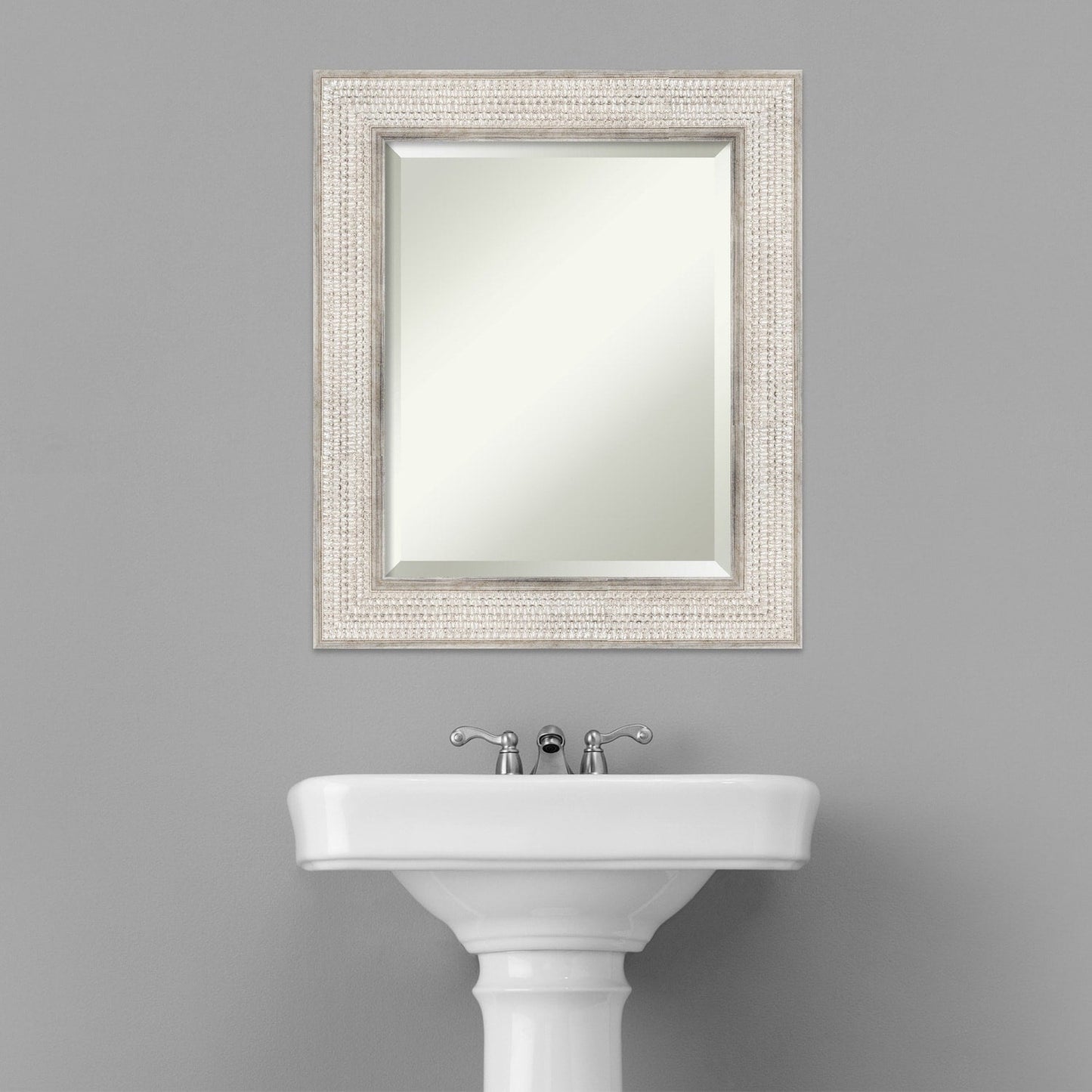 Miroir mural de salle de bain en bois biseauté - Cadre argenté à motif treillis - Argent treillis