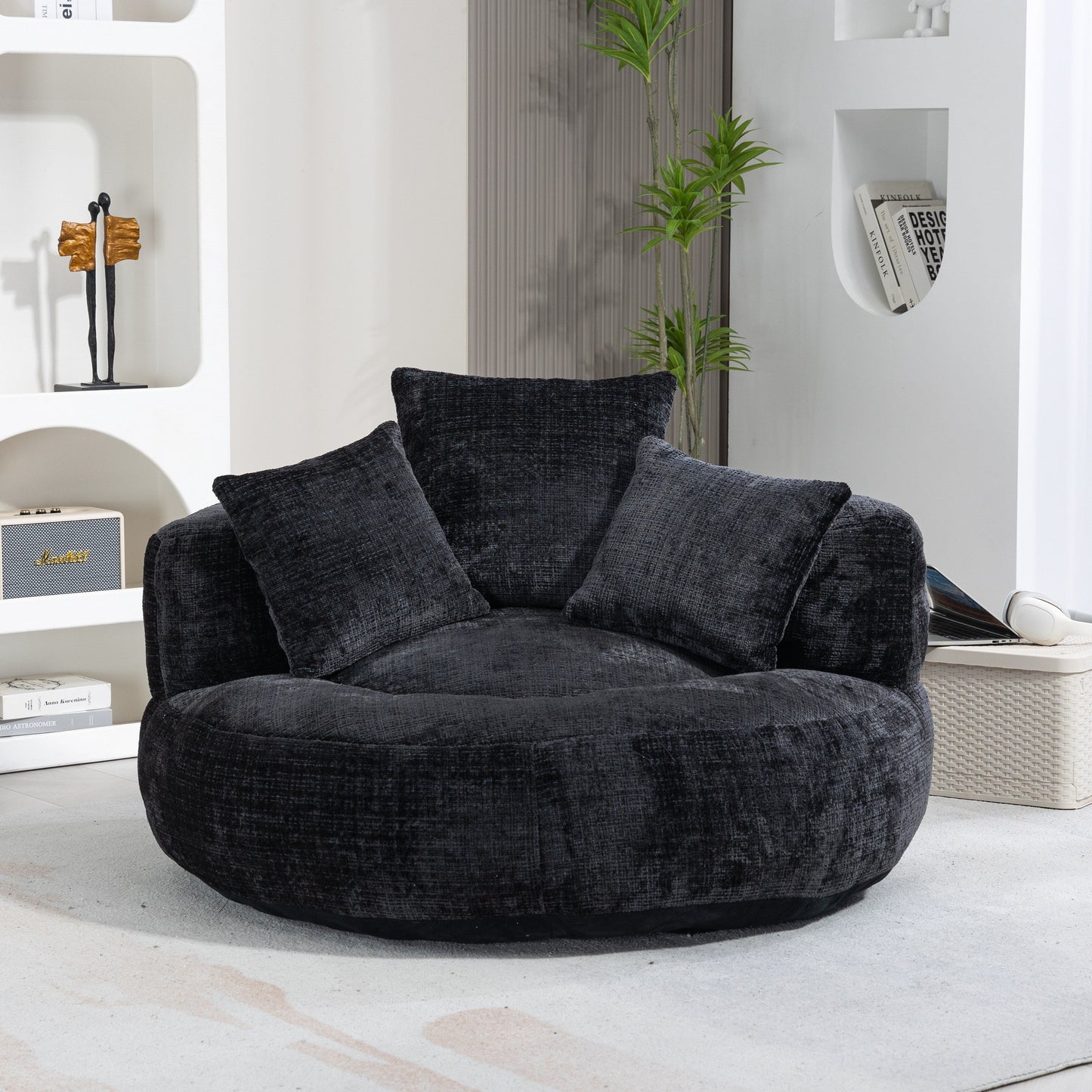 Pouf poire géant noir surdimensionné en chenille de 42,52 pouces avec trois coussins pour chambre à coucher