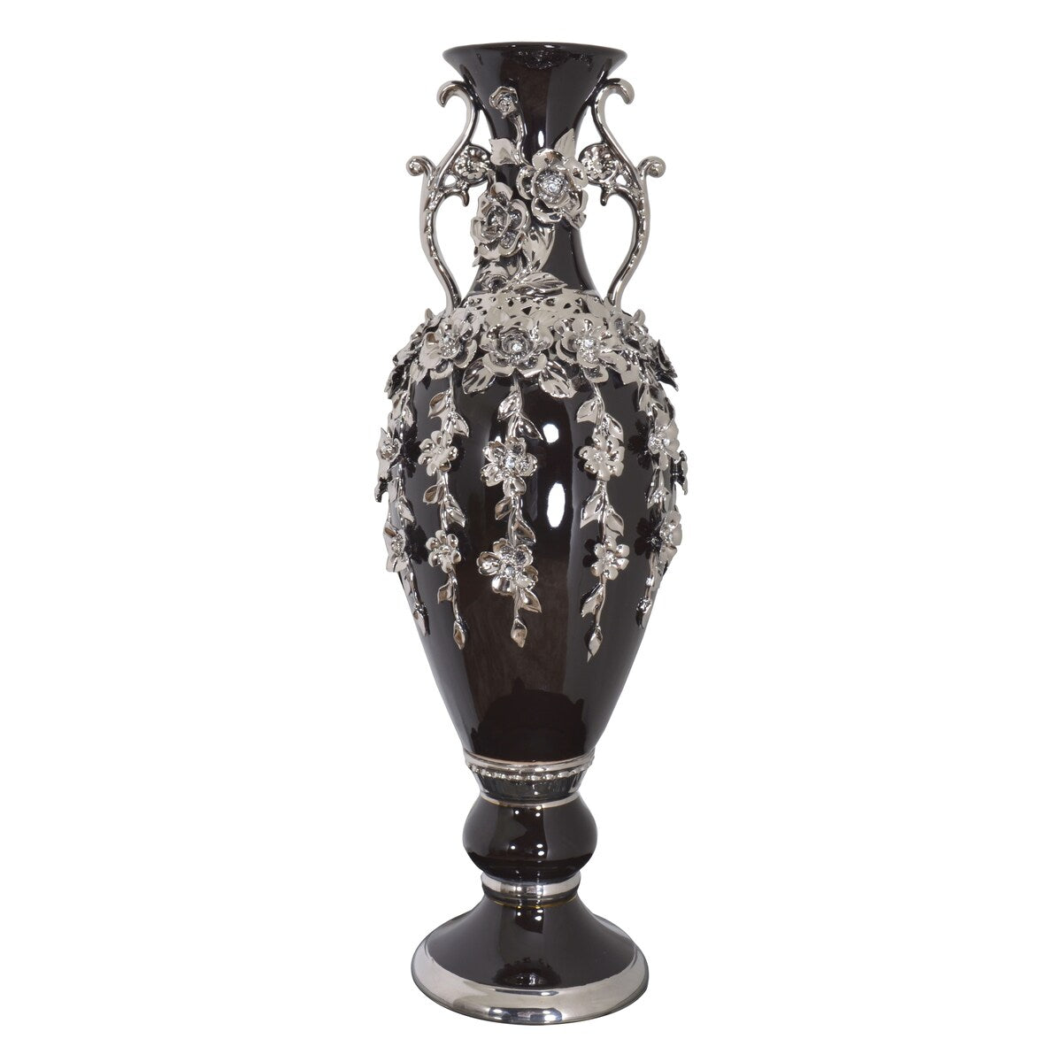 Vase noir et argent orné de pierres précieuses, 89 cm de haut.