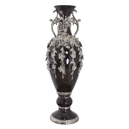Vase noir et argent orné de pierres précieuses, 89 cm de haut.