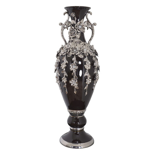 Vase noir et argent orné de pierres précieuses, 89 cm de haut.