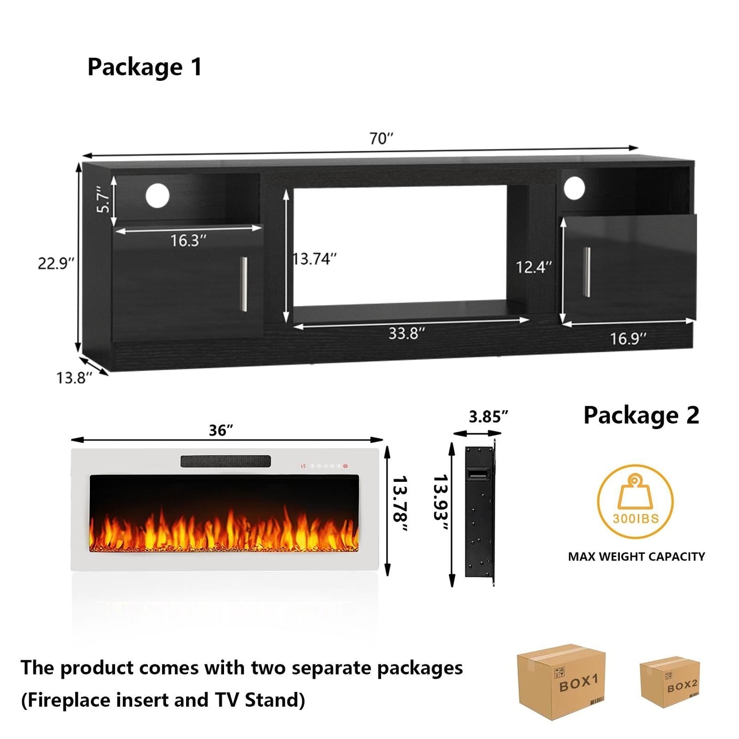 Meuble TV Bossin 70 avec cheminée électrique 36 pouces, compatible avec les téléviseurs jusqu'à 80 pouces, éclairage LED 16 couleurs/centre multimédia