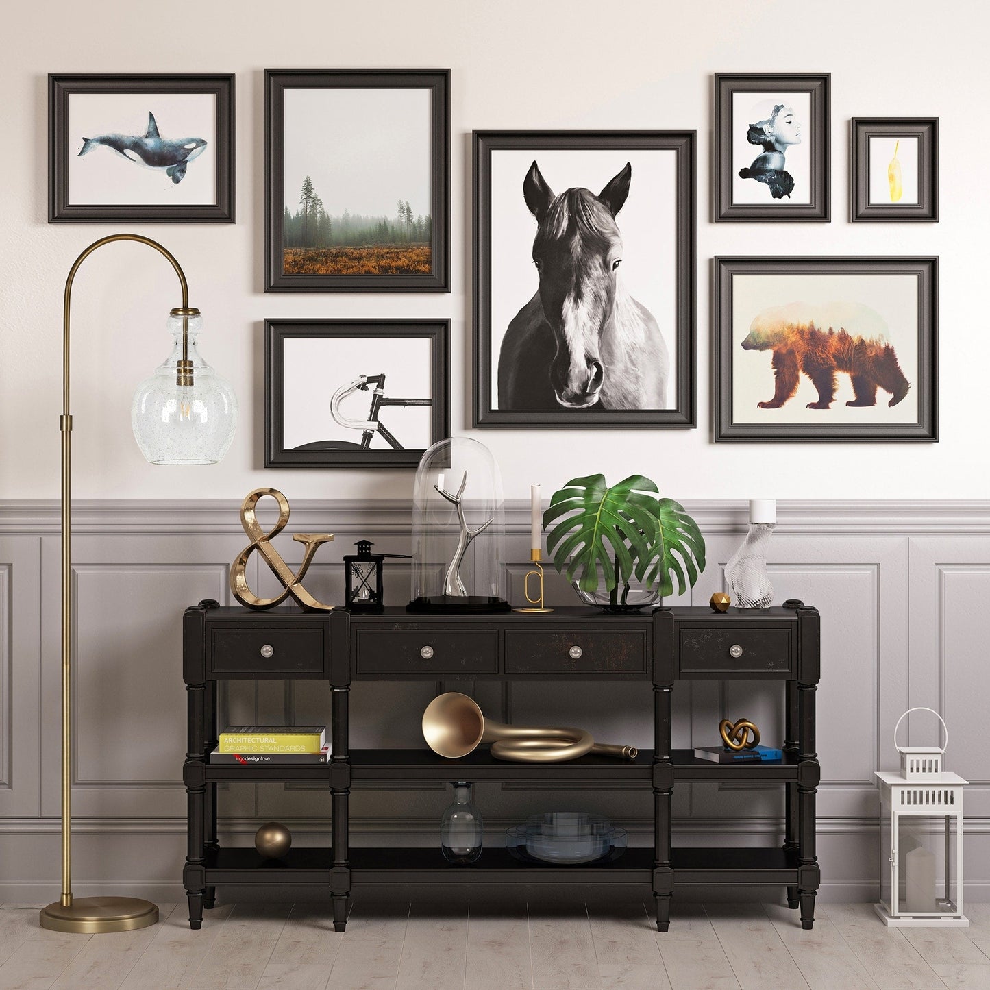 Lampadaire arqué Verona avec abat-jour en verre