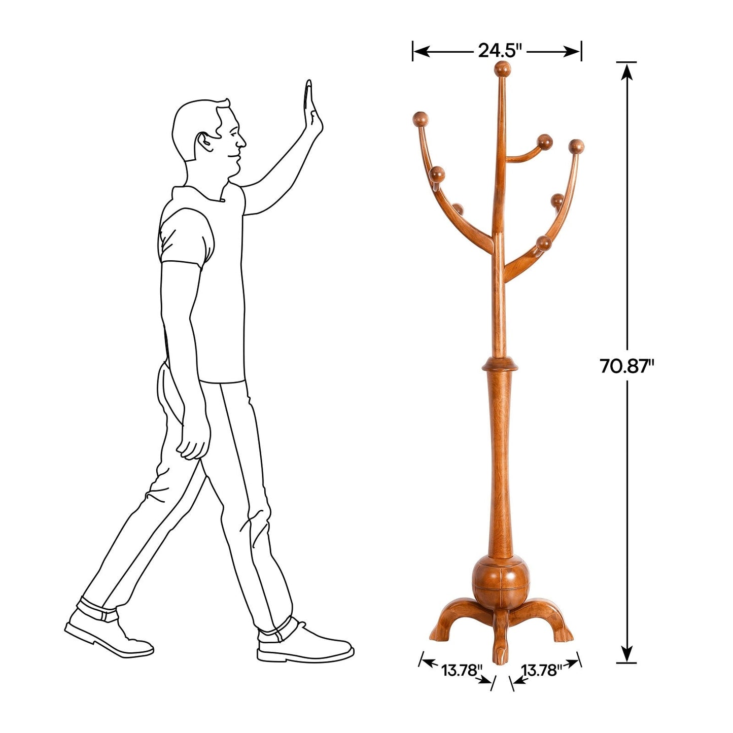 Porte-manteau autoportant en bois d'hévéa avec 8 crochets - 24,5 cm (L) x 70,87 cm (H)