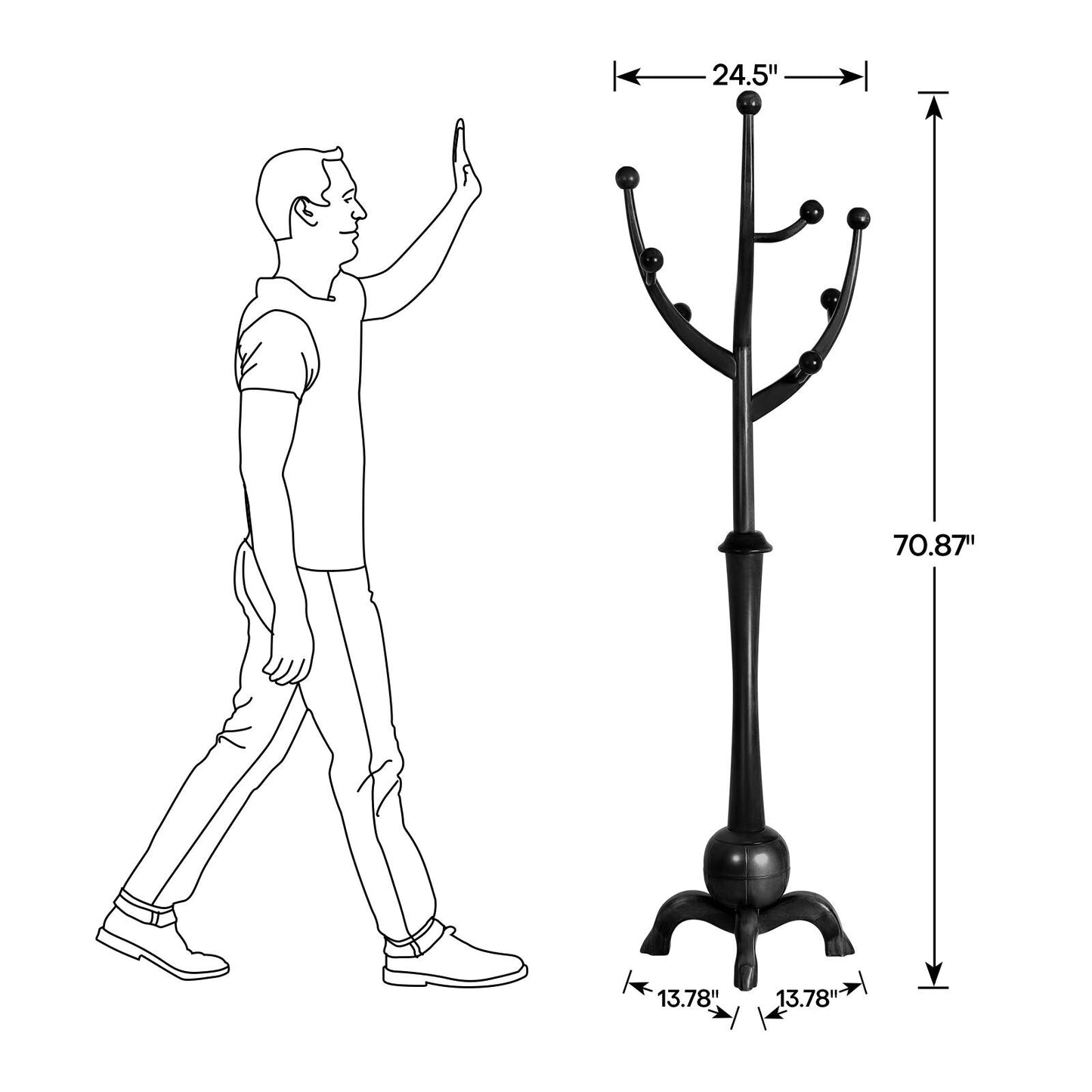 Porte-manteau autoportant en bois d'hévéa avec 8 crochets - 24,5 cm (L) x 70,87 cm (H)