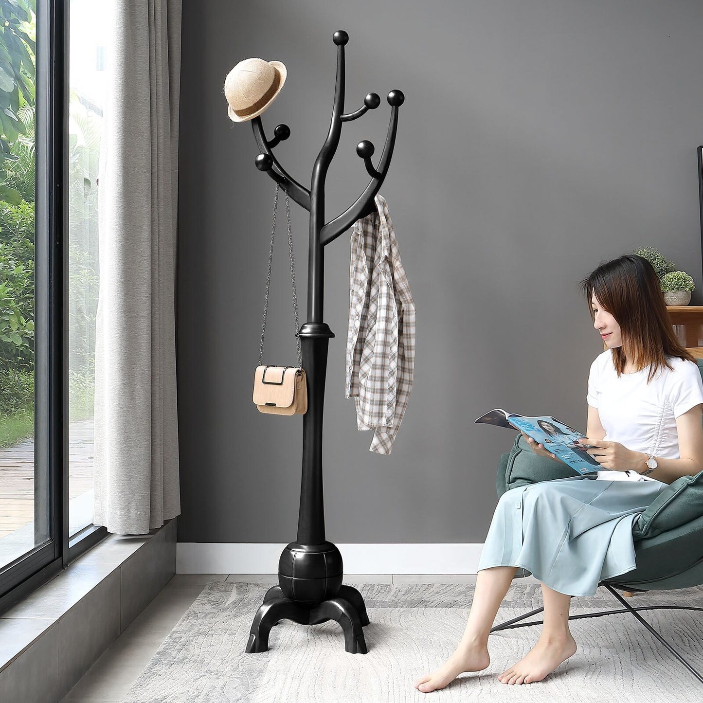 Porte-manteau autoportant en bois d'hévéa avec 8 crochets - 24,5 cm (L) x 70,87 cm (H)