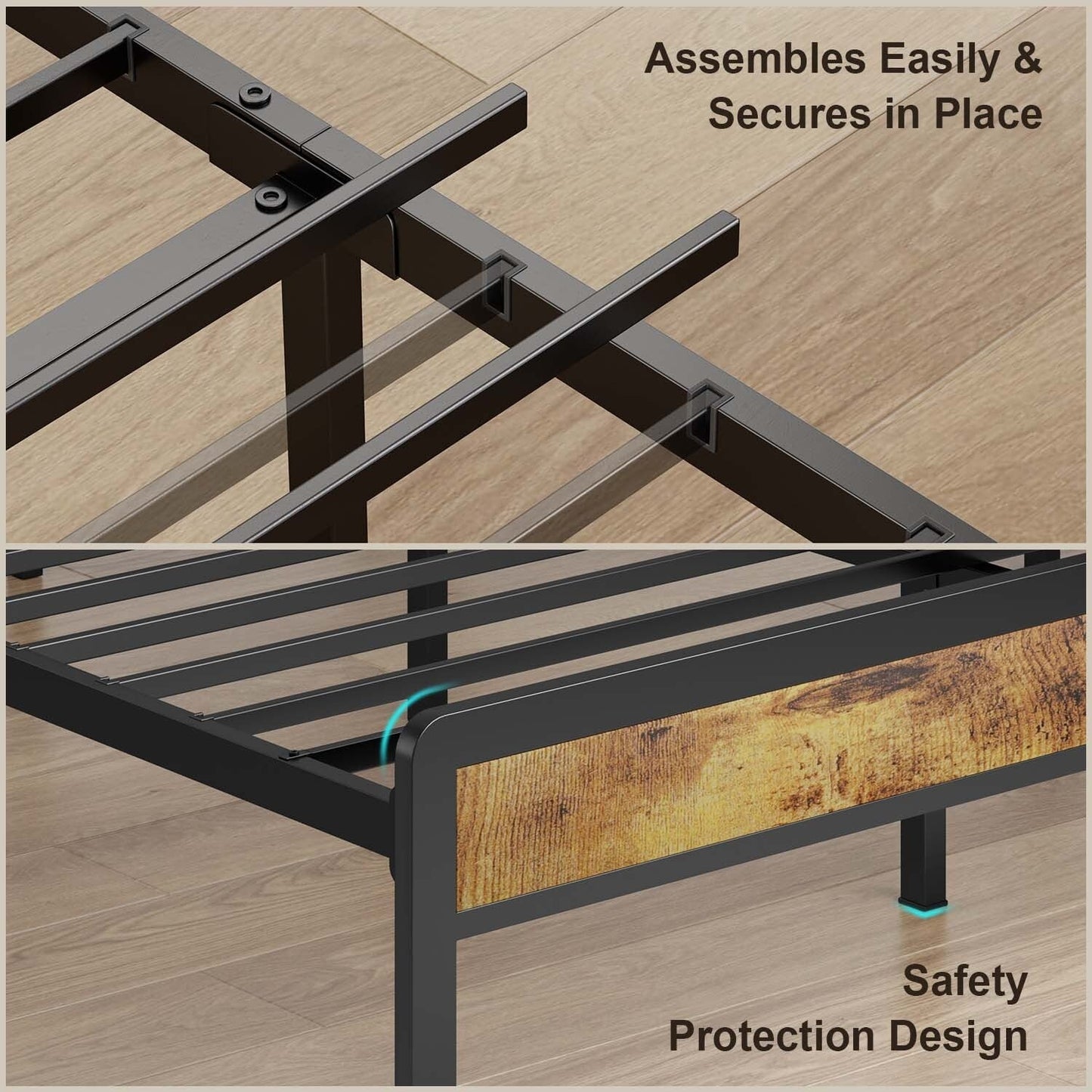 Cadre de lit plateforme en métal pour lits jumeaux, doubles, queen et king size, avec tête de lit rembourrée et rangement.