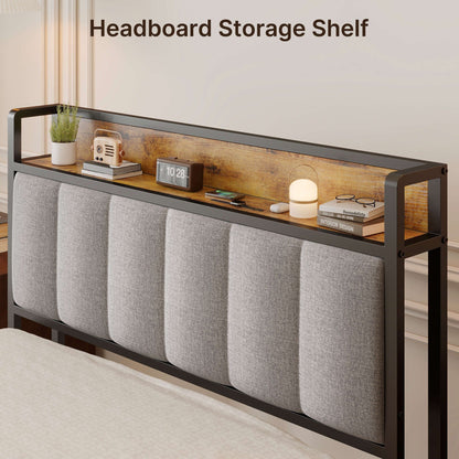 Cadre de lit plateforme en métal pour lits jumeaux, doubles, queen et king size, avec tête de lit rembourrée et rangement.