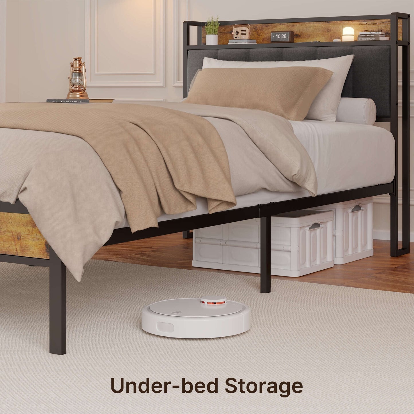 Cadre de lit plateforme en métal pour lits jumeaux, doubles, queen et king size, avec tête de lit rembourrée et rangement.