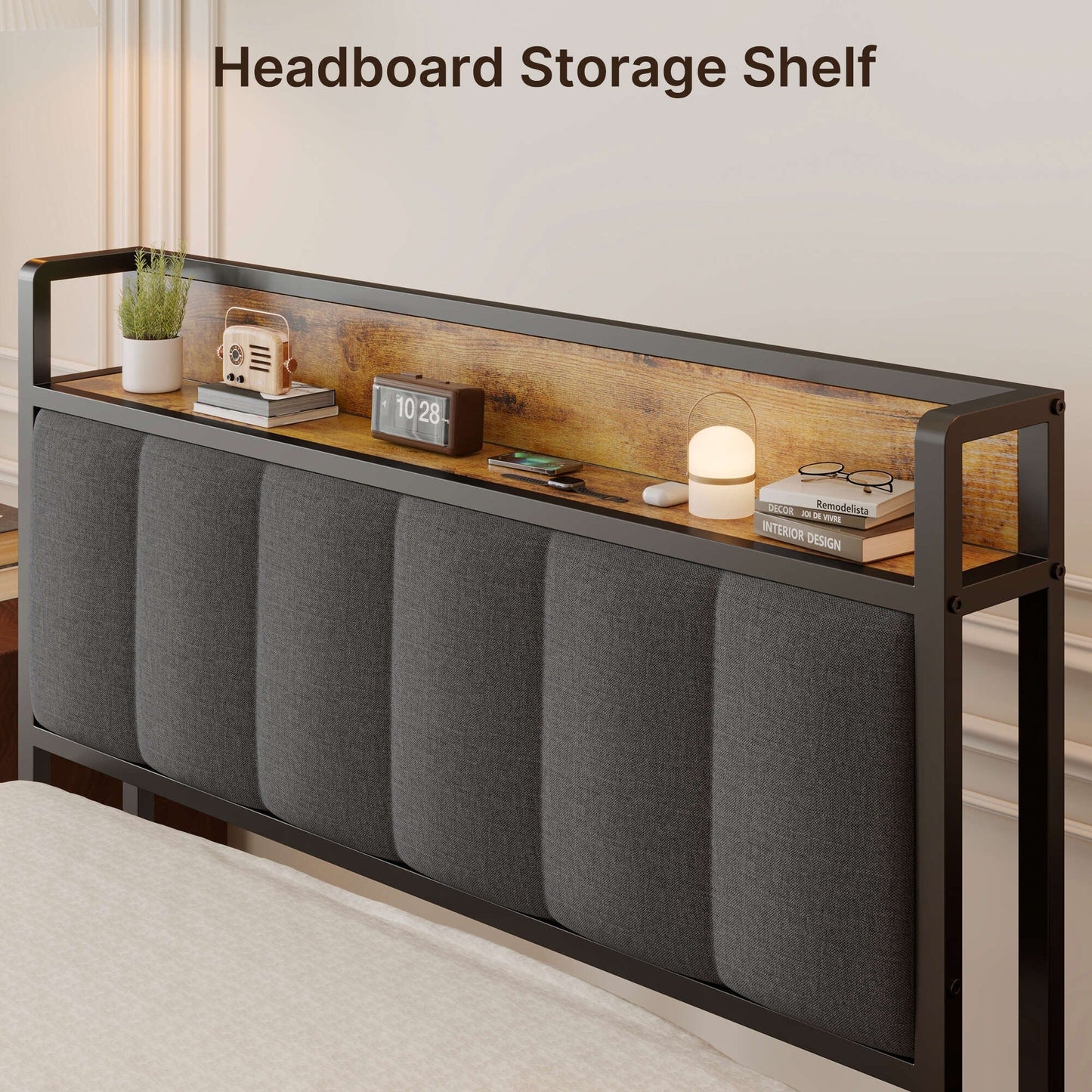 Cadre de lit plateforme en métal pour lits jumeaux, doubles, queen et king size, avec tête de lit rembourrée et rangement.