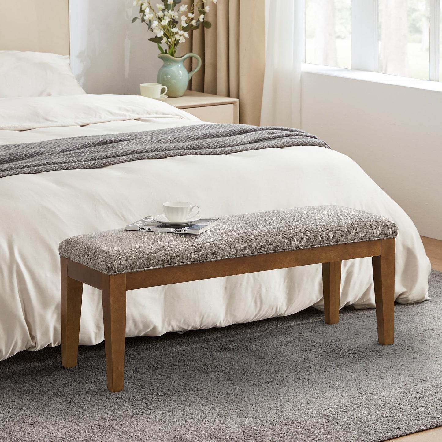 Banc d'entrée rembourré en tissu, banc de chambre à coucher pour pied de lit, beige, bois massif, 112 cm (44 pouces)