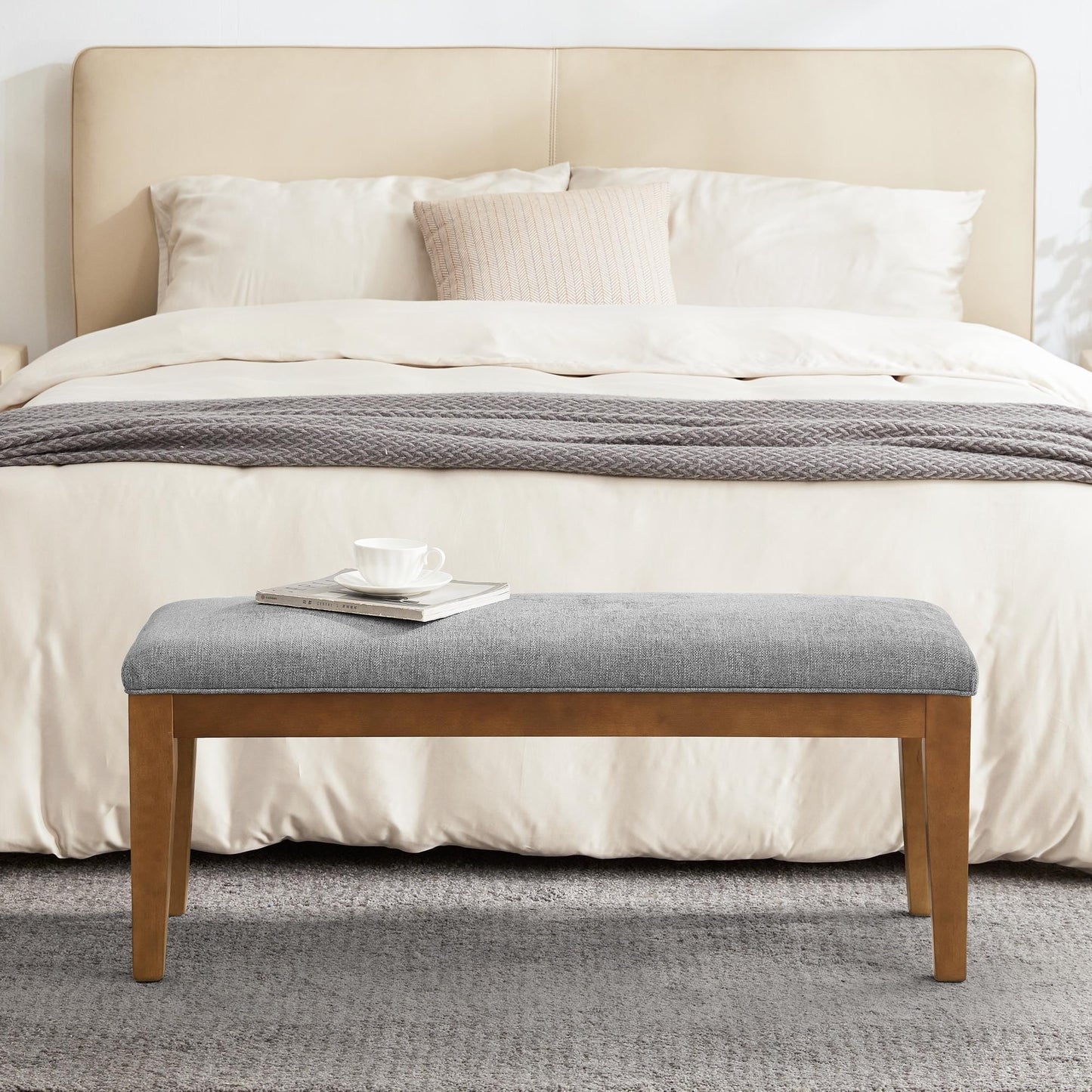 Banc d'entrée rembourré en tissu, banc de chambre à coucher pour pied de lit, beige, bois massif, 112 cm (44 pouces)