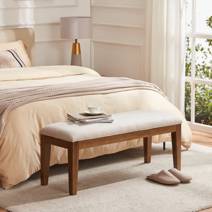Banc d'entrée rembourré en tissu, banc de chambre à coucher pour pied de lit, beige, bois massif, 112 cm (44 pouces)