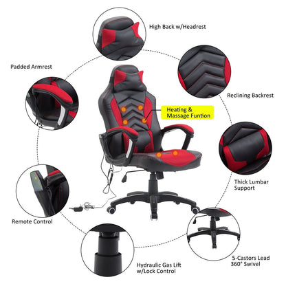 Fauteuil de jeu pour ordinateur avec 6 points de massage vibrants, 5 modes, style racing, chauffant, pivotant et à roulettes avec appui-tête.