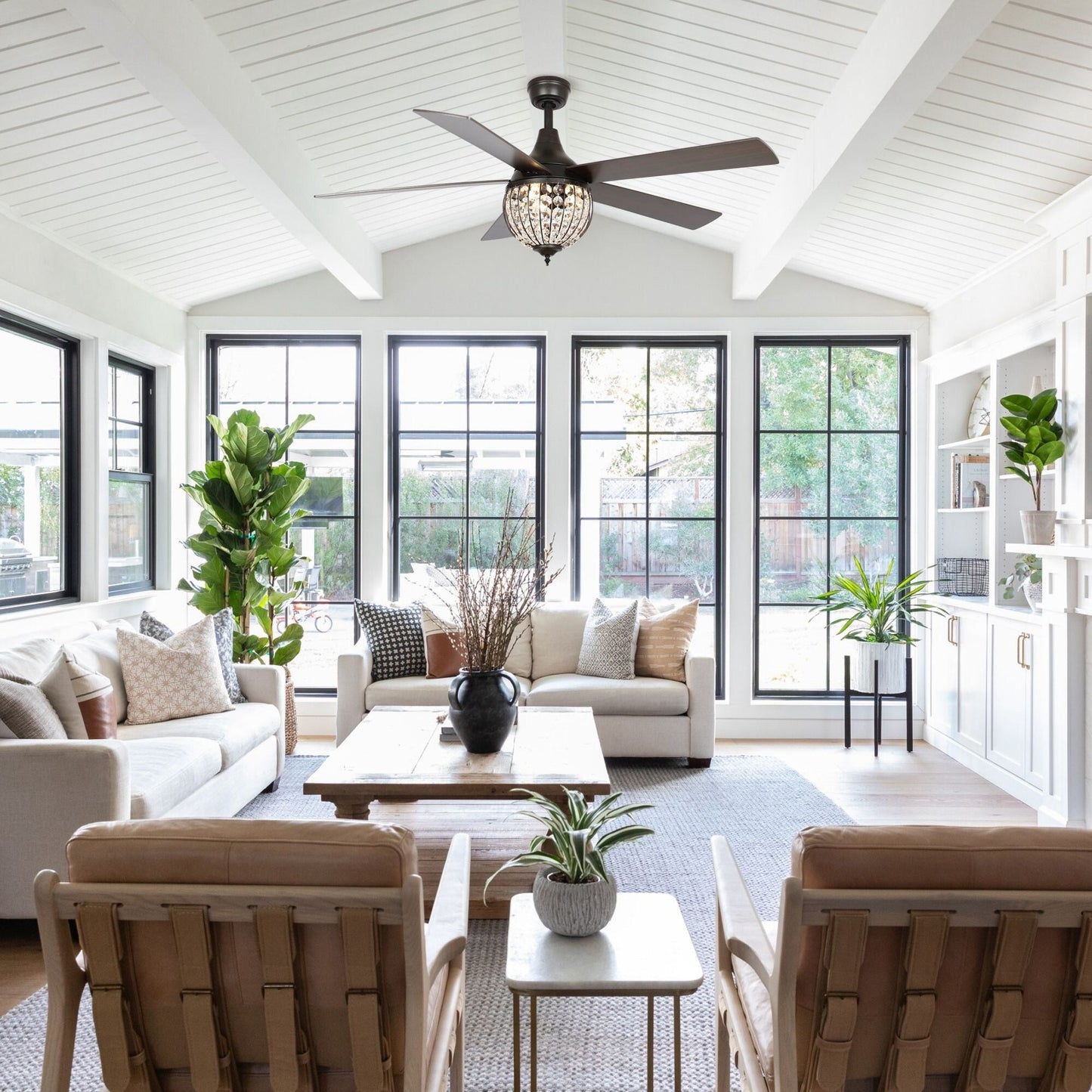 Ventilateur de plafond industriel en bois noir 52 pouces à 5 pales et cristaux avec télécommande