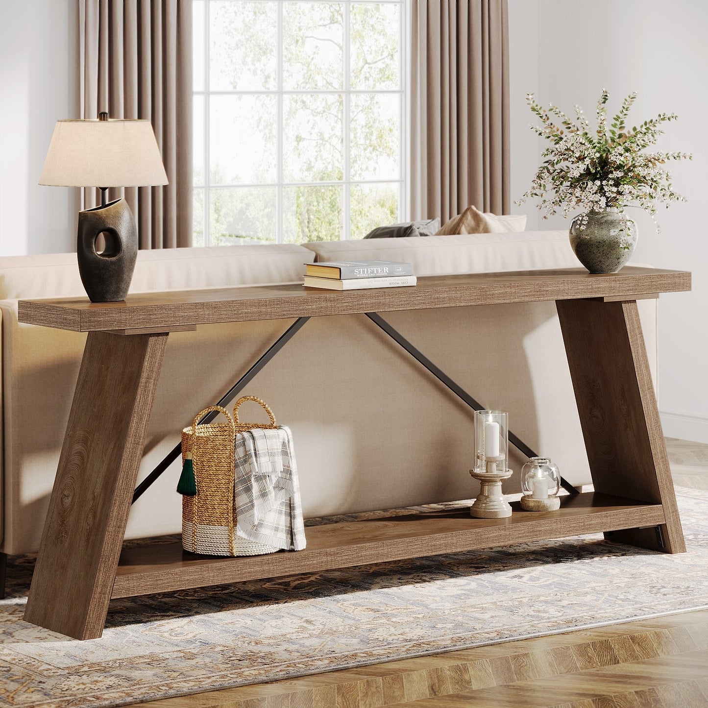 Console/table basse rustique en bois de 180 cm de long avec étagère de rangement
