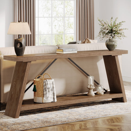 Console/table basse rustique en bois de 180 cm de long avec étagère de rangement