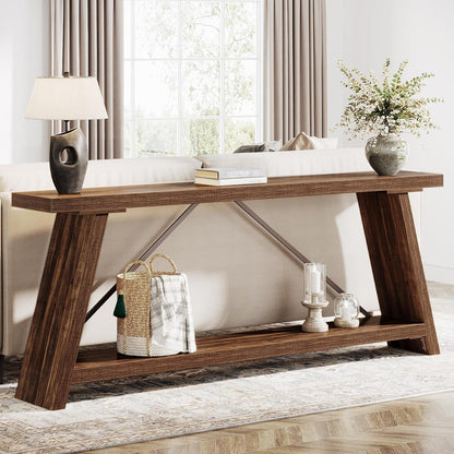 Console/table basse rustique en bois de 180 cm de long avec étagère de rangement