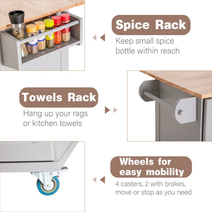 Chariot de cuisine Sophia &amp; William avec plateau rabattable en bois d'hévéa, chariot de cuisine roulant avec grand meuble de rangement