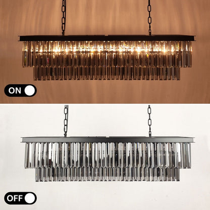 Lustre moderne contemporain en cristal gris fumé et noir à deux niveaux, suspension linéaire pour îlot de cuisine ou salle à manger, 119 cm (47 po).