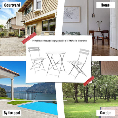 Ensemble bistro pliable en métal 3 pièces, résistant aux intempéries, idéal pour l'intérieur et l'extérieur, avec terrasse, jardin ou cour.